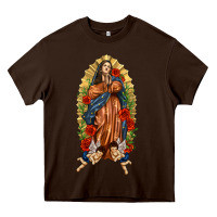 Chocolate Brown Lady of Guadalupe with Roses Heavy Core Tee - texasbilliewilder