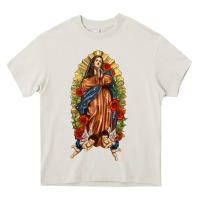 Cream Lady of Guadalupe with Roses Heavy Core Tee - texasbilliewilder