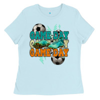 Baby Blue Game day lightning bolt soccer Ladies Tee - HowdyJamesFarm