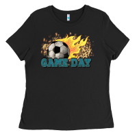 Black Game day Soccer leopard flames fireball Ladies Tee - HowdyJamesFarm