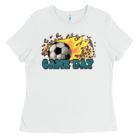 White Game day Soccer leopard flames fireball Ladies Tee - HowdyJamesFarm