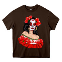 Chocolate Brown Mexicana Skull Girl with Roses Heavy Core Tee - texasbilliewilder