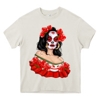 Cream Mexicana Skull Girl with Roses Heavy Core Tee - texasbilliewilder
