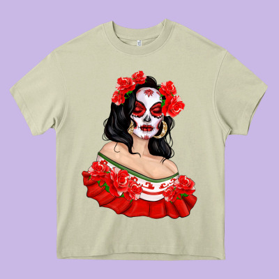 Mexicana Skull Girl With Roses Heavy Core Tee Designed By Texasbilliewilder