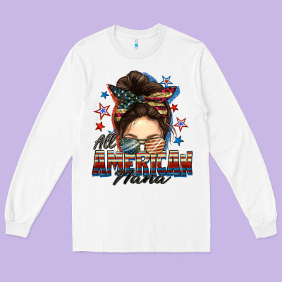 All American Nana Messy Bun Long Sleeve Tee Designed By Fadigitalartstudio