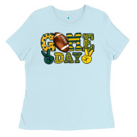 Baby Blue Game day yellow and green team color Ladies Tee - HowdyJamesFarm