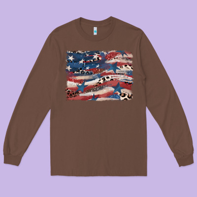 Leopard Glitter American Flag Long Sleeve Tee Designed By Fadigitalartstudio