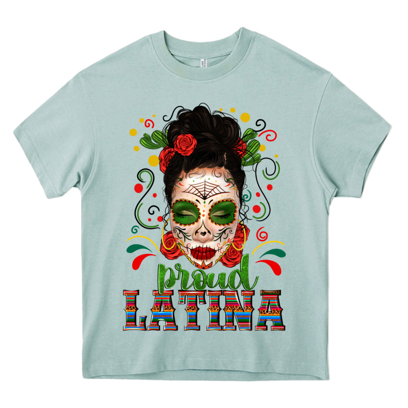Proud Latina Skull Girl Messy Bun Heavy Core Tee by texasbilliewilder | Teevron