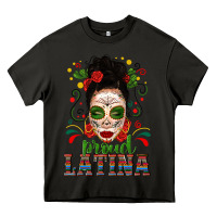 Asphalt Proud Latina Skull Girl Messy Bun Heavy Core Tee - texasbilliewilder