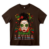 Chocolate Brown Proud Latina Skull Girl Messy Bun Heavy Core Tee - texasbilliewilder