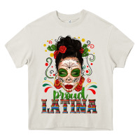 Cream Proud Latina Skull Girl Messy Bun Heavy Core Tee - texasbilliewilder