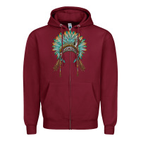 Burgundy native american headdress turquise Zipper Hoodie - BarkalooDesign