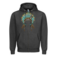 Charcoal Heather native american headdress turquise Zipper Hoodie - BarkalooDesign