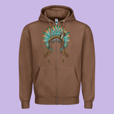 Native American Headdress Turquise Zipper Hoodie Designed By Barkaloodesign
