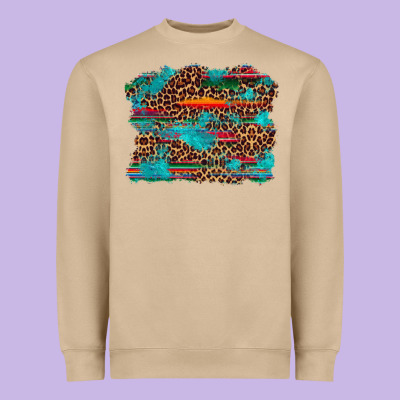 Western Serape Leopard Bull Skull Turquoise  Background Heavyweight Sweatshirt Designed By Artiststas