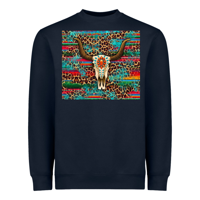 Western Serape Leopard Bull Skull Turquoise Heavyweight Sweatshirt by Artiststas | Teevron