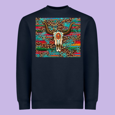 Western Serape Leopard Bull Skull Turquoise Heavyweight Sweatshirt Designed By Artiststas