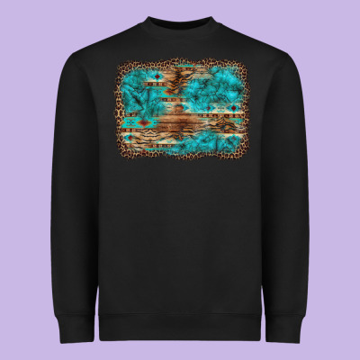 Western Turquoise Stone Aztec Tiger Pattern Background Heavyweight Sweatshirt Designed By Artiststas