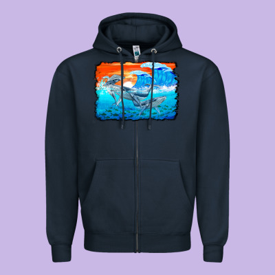 Humpback Whale And Wave Background Zipper Hoodie Designed By Barkaloodesign