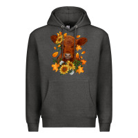 Charcoal Heather fall red angus calf dried leaves and sunflowers Premium Hoodie - RanaPortraitStore