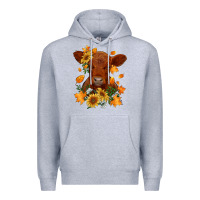 Heather Grey fall red angus calf dried leaves and sunflowers Premium Hoodie - RanaPortraitStore