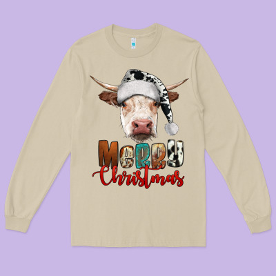 Merry Christmas Hereford Cow Long Sleeve Tee Designed By Ranaportraitstore