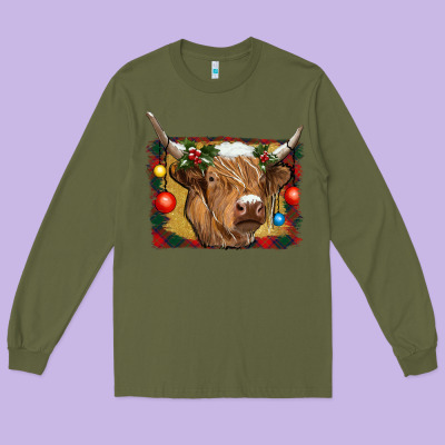 Highland Cow Christmas Long Sleeve Tee Designed By Ranaportraitstore