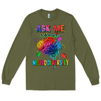 Army Green Ask me about neurodiversity Long Sleeve Tee - FaDigitalArtStudio