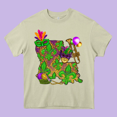 Louisiana Map Mardi Gras Heavy Core Tee Designed By Nancycooperartshop