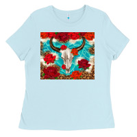 Baby Blue bull skull rose Ladies Tee - TumblerDesignByShophia
