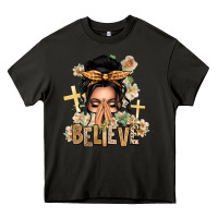 Asphalt Black Hair Believe Praying Caucasian Messy Bun Heavy Core Tee - texasbilliewilder