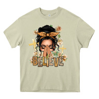 Black Hair Believe Praying Caucasian Messy Bun Heavy Core Tee | Teevron