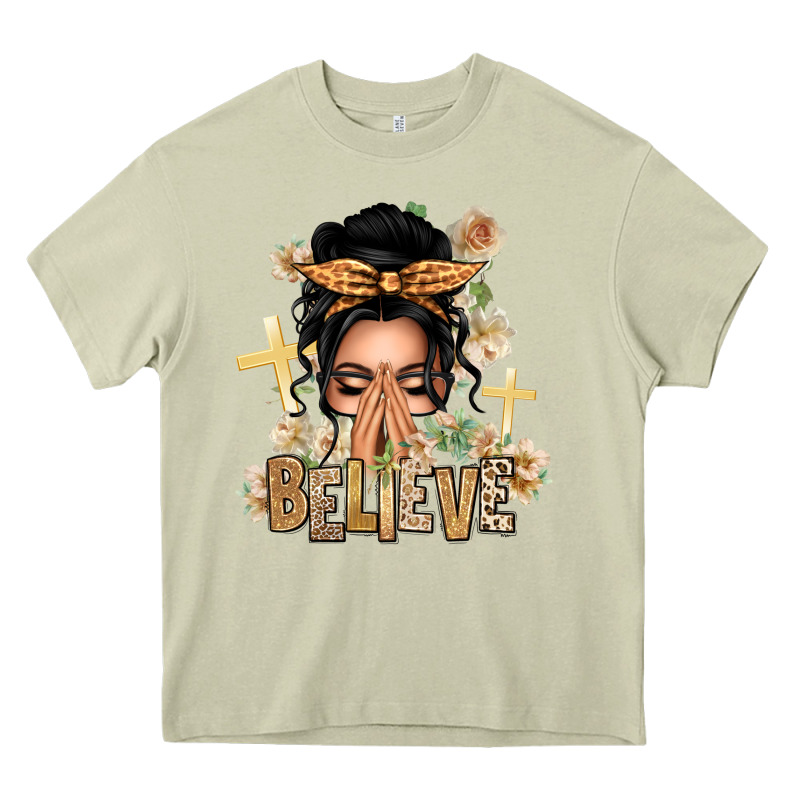 Black Hair Believe Praying Caucasian Messy Bun Heavy Core Tee by texasbilliewilder | Teevron
