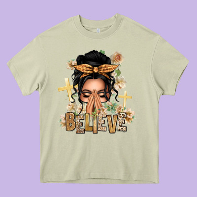 Black Hair Believe Praying Caucasian Messy Bun Heavy Core Tee Designed By Texasbilliewilder