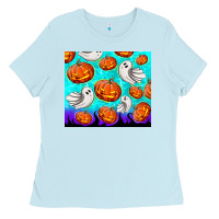 Baby Blue halloween pumpkins with ghosts Ladies Tee - TumblerDesignByShophia