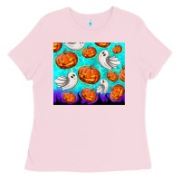 Bubblegum Pink halloween pumpkins with ghosts Ladies Tee - TumblerDesignByShophia