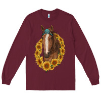 Burgundy brown horse with gemstone and sunflowers Long Sleeve Tee - RanaPortraitStore