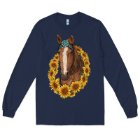 Navy brown horse with gemstone and sunflowers Long Sleeve Tee - RanaPortraitStore