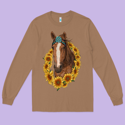 Brown Horse With Gemstone And Sunflowers Long Sleeve Tee Designed By Ranaportraitstore