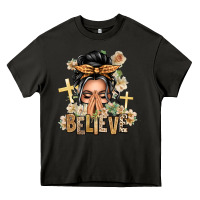 Asphalt Gray Hair Believe Praying Caucasian Messy Bun Heavy Core Tee - texasbilliewilder