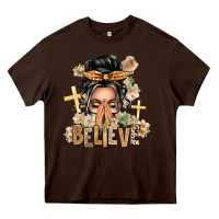 Chocolate Brown Gray Hair Believe Praying Caucasian Messy Bun Heavy Core Tee - texasbilliewilder