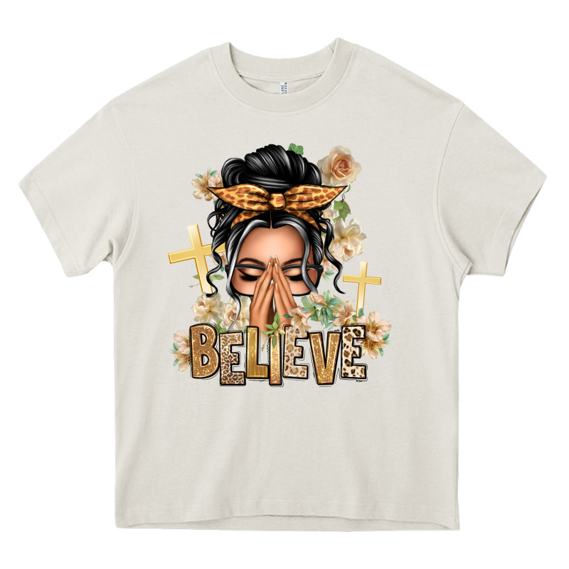 Gray Hair Believe Praying Caucasian Messy Bun Heavy Core Tee by texasbilliewilder | Teevron
