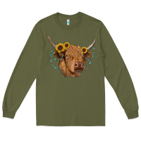 Army Green highland cow with sunflowers turquoise Long Sleeve Tee - RanaPortraitStore