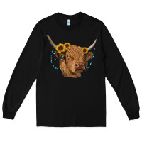Black highland cow with sunflowers turquoise Long Sleeve Tee - RanaPortraitStore