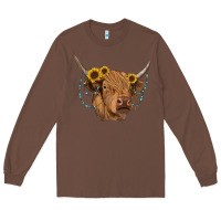 Chestnut highland cow with sunflowers turquoise Long Sleeve Tee - RanaPortraitStore