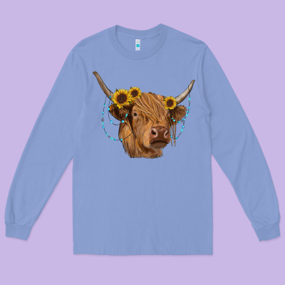Highland Cow With Sunflowers Turquoise Long Sleeve Tee Designed By Ranaportraitstore