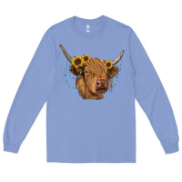 Colony Blue highland cow with sunflowers turquoise Long Sleeve Tee - RanaPortraitStore