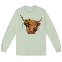 Matcha highland cow with sunflowers turquoise Long Sleeve Tee - RanaPortraitStore