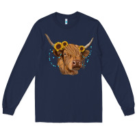 Navy highland cow with sunflowers turquoise Long Sleeve Tee - RanaPortraitStore