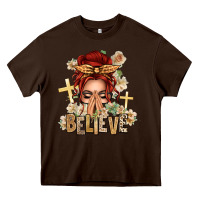 Chocolate Brown Red Hair Believe Praying Caucasian Messy Bun Heavy Core Tee - texasbilliewilder
